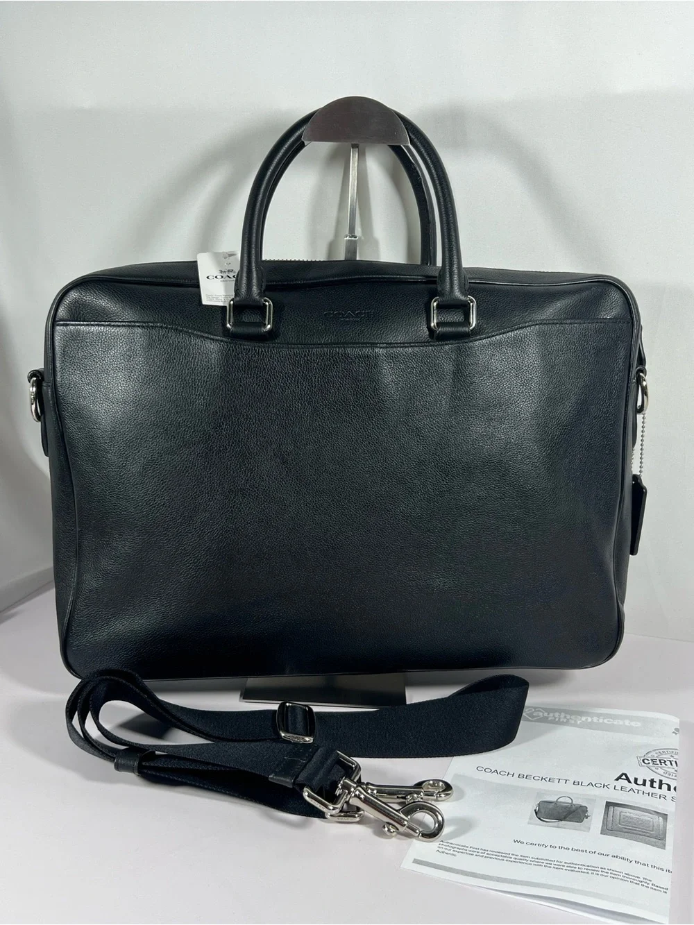 4099: NWT Coach Beckett Slim Brief Black Leather Laptop Bag Scratched Side
